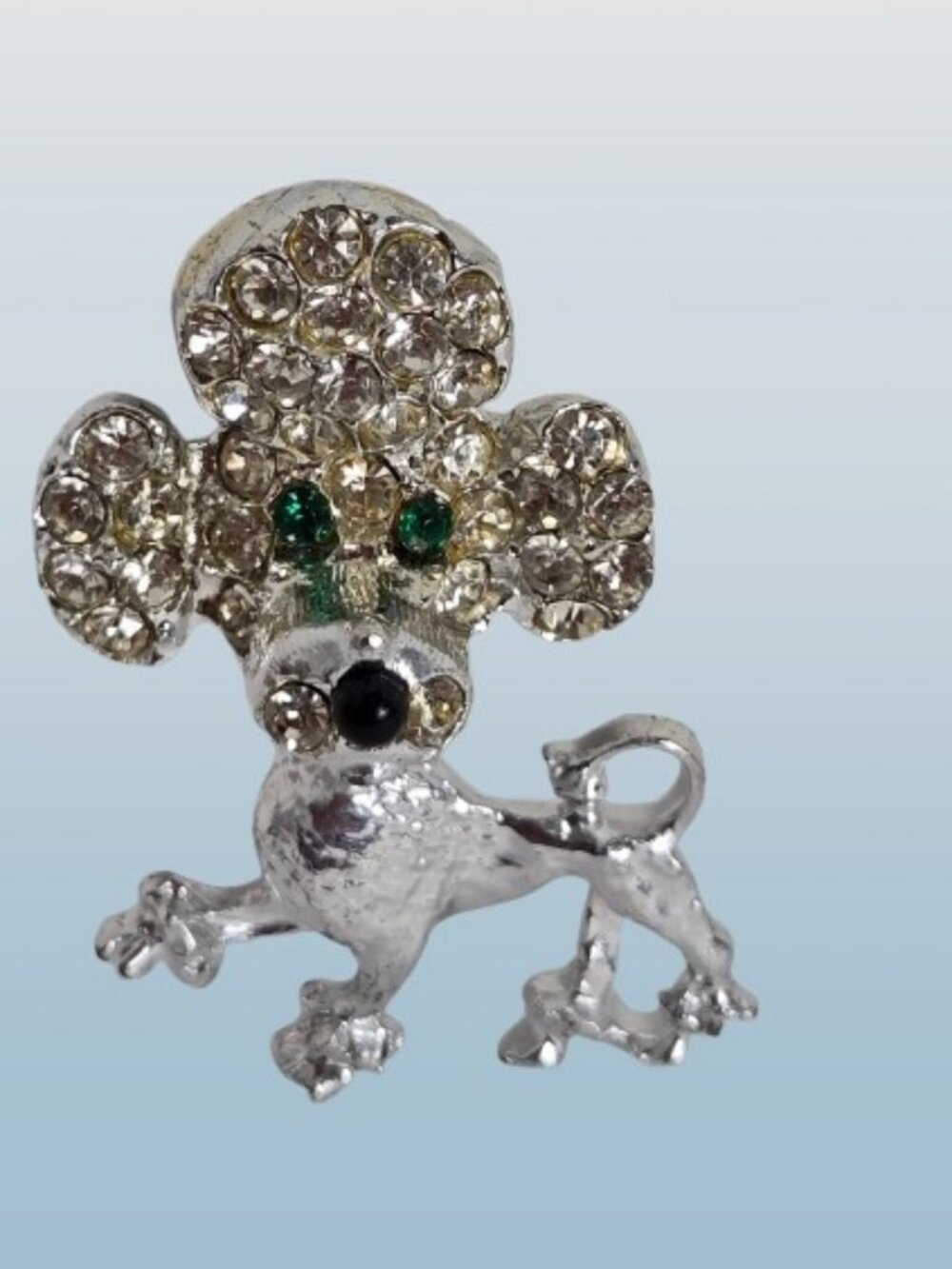 Vintage Silver Poodle Dog Pin Brooch Green Eyes Rhinestone Head Never Worn